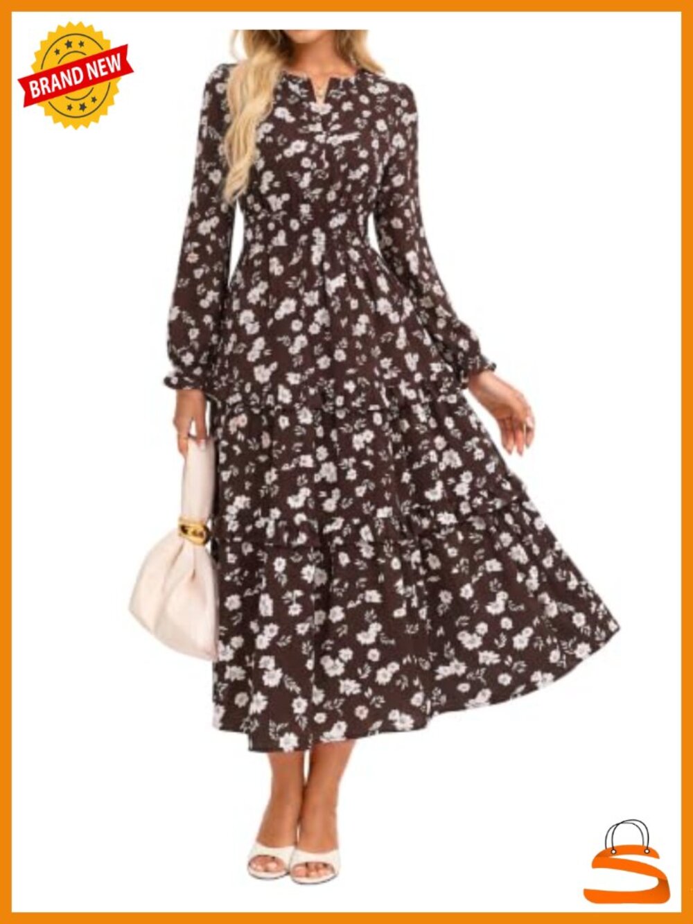 Women's Maxi Chiffon Floral Dress Smocked Waist Tiered Skirt Flowy Long Sleeve